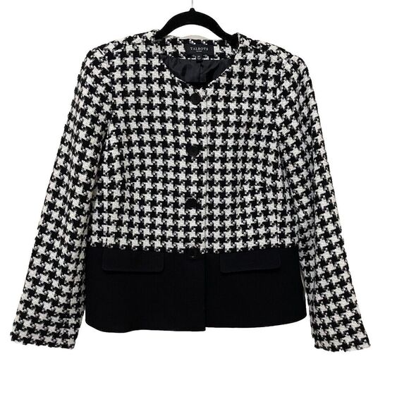 Talbots Women Blazer Black Ivory Houndstooth Lined Wool Blend Size 12P - Picture 1 of 7